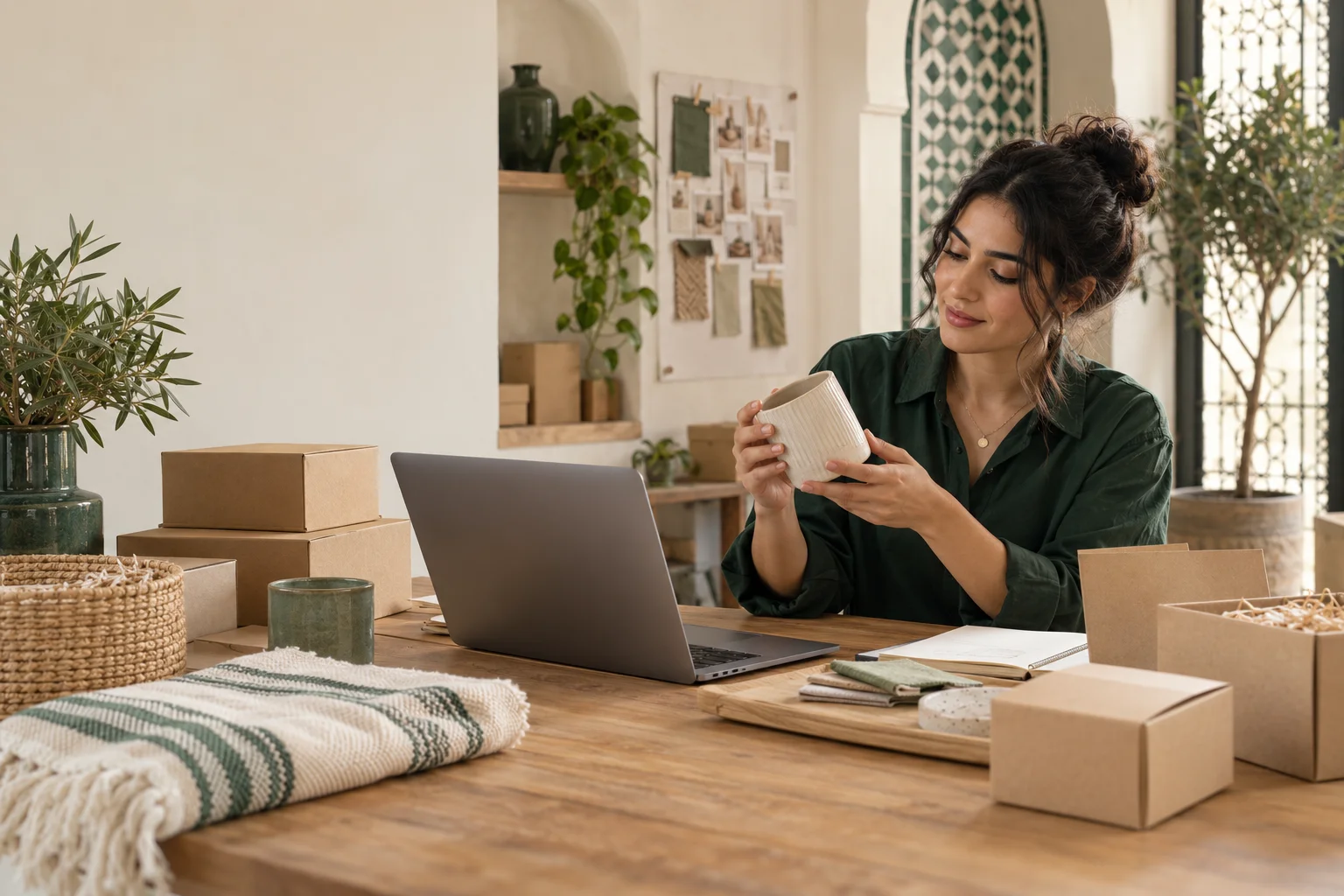 Illustration d’une entrepreneuse dans son atelier, préparant des produits et des commandes